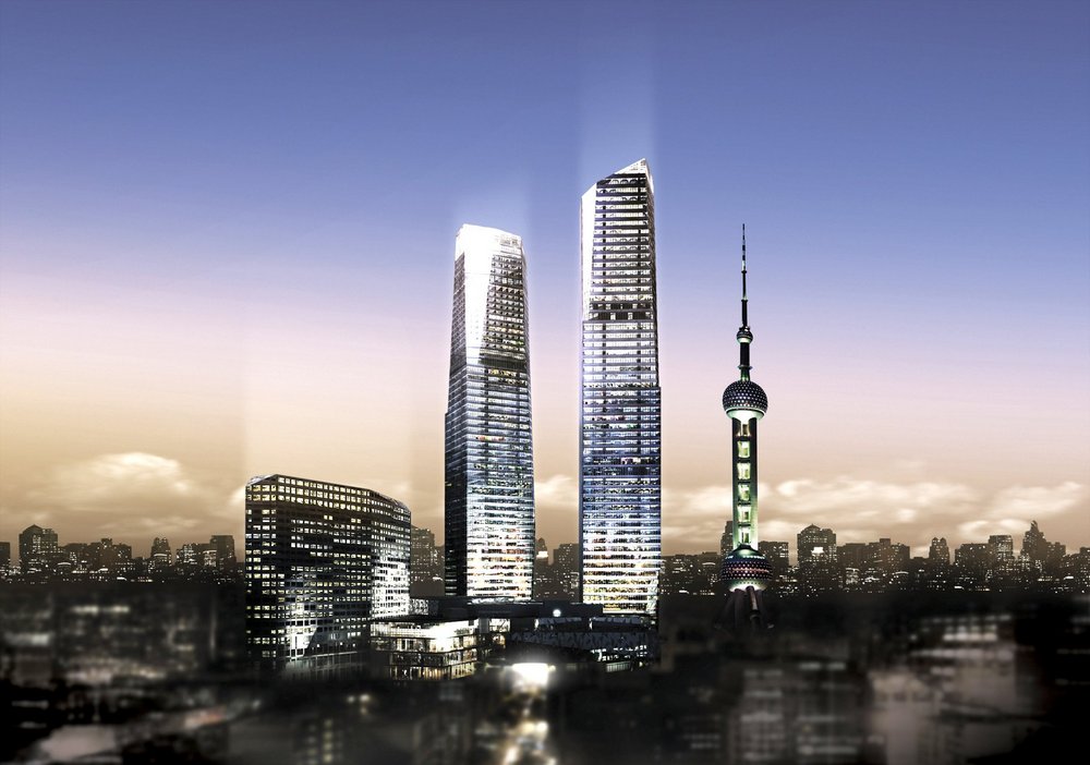 International Finance Centre towers, Shanghai, at dusk