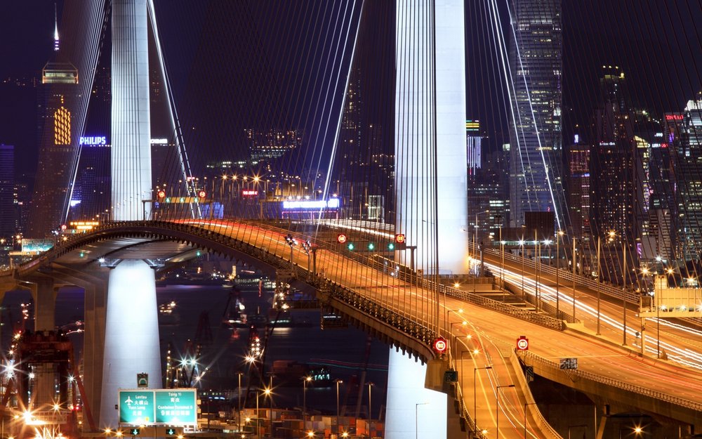 Stonecutters Bridge cable-stayed bridge at night, Hong Kong